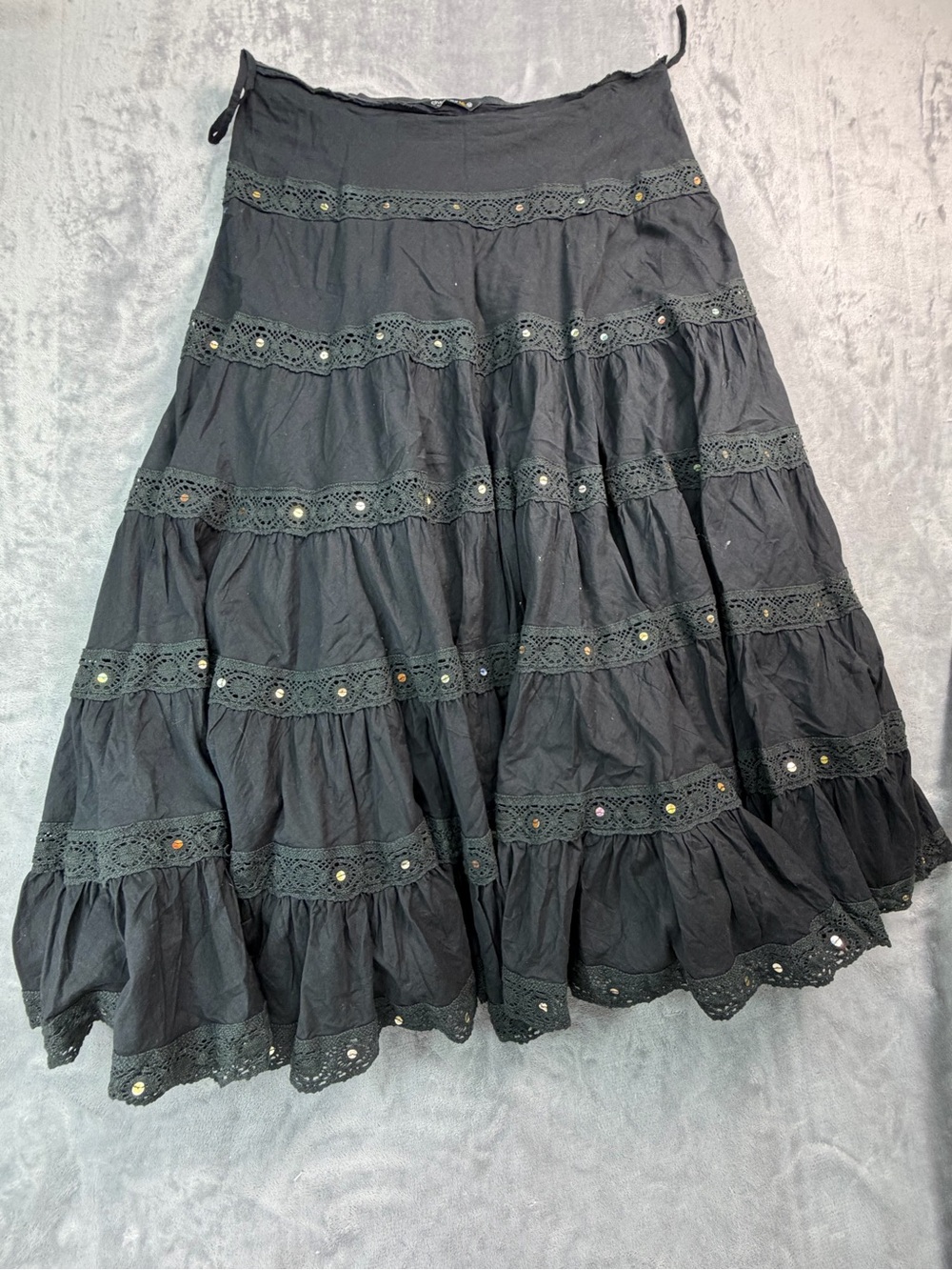 Chaudry Black Tiered Maxi Skirt - Classic Boho Style Women’s Su cotton Crochet M